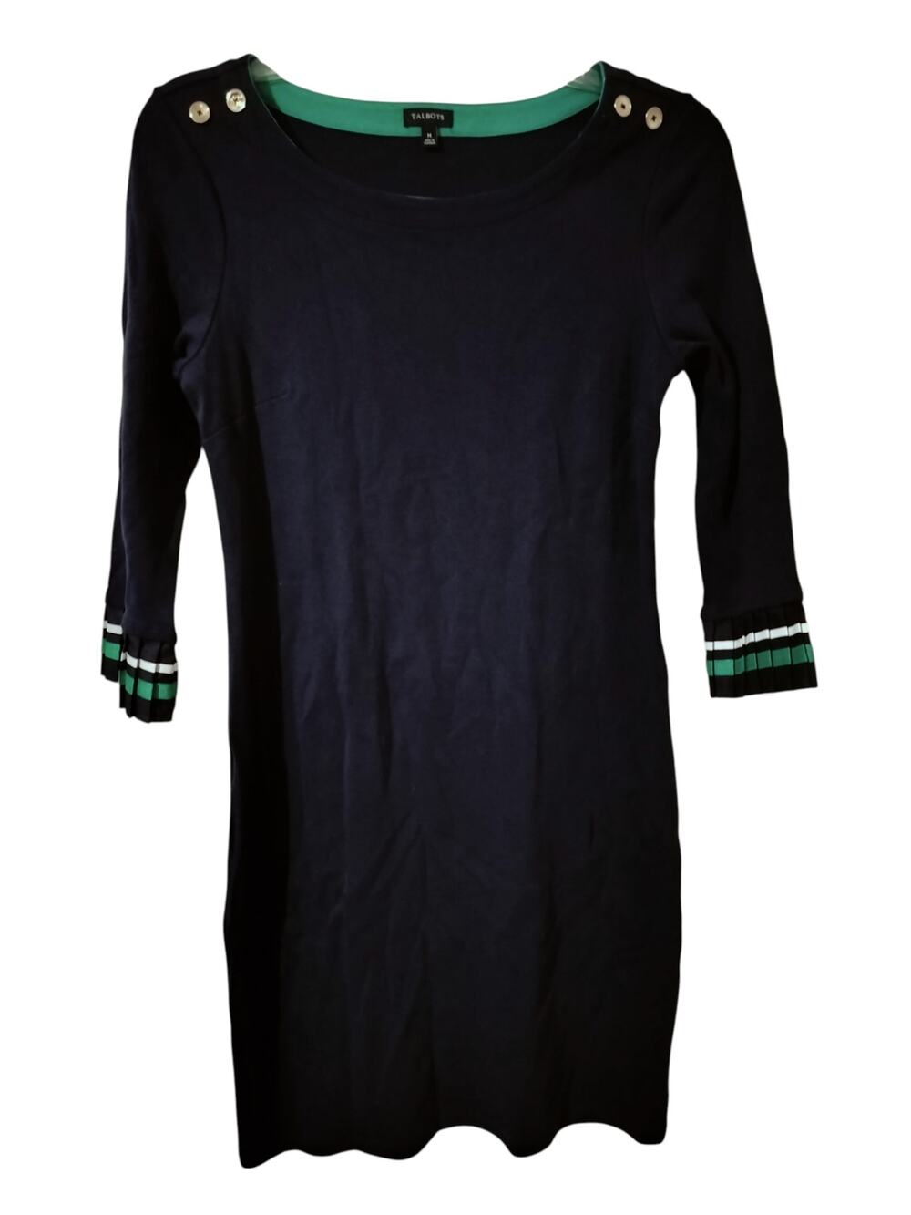 5841) Talbots M Navy Green Stripe Pleated Knit Minimalist Shift Dress